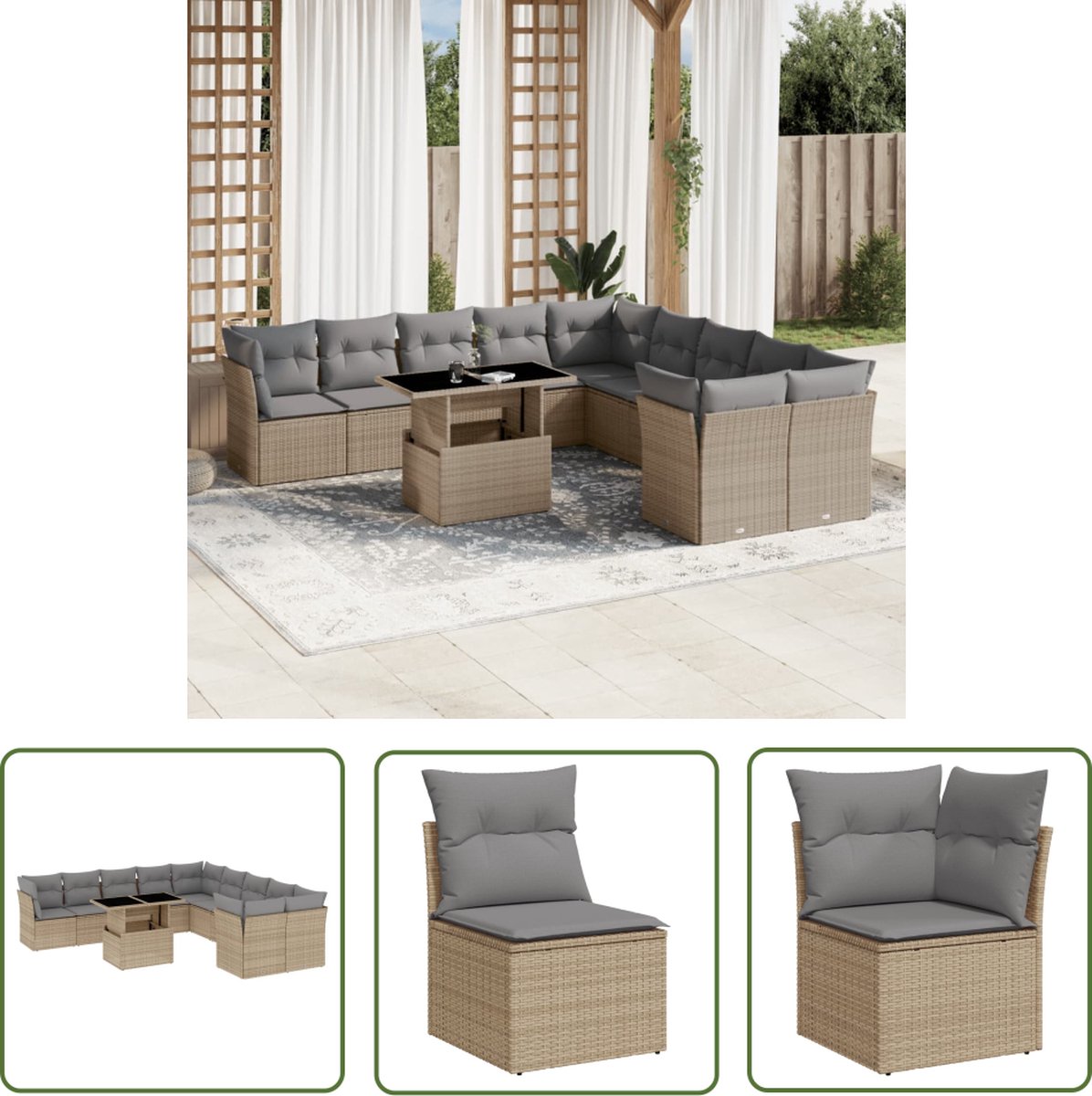 The Living Store 11-delige Tuinset met kussens poly rattan beige - Loungeset - Lounge Set - Tuinlounge - Buitentijnen - Loungebank