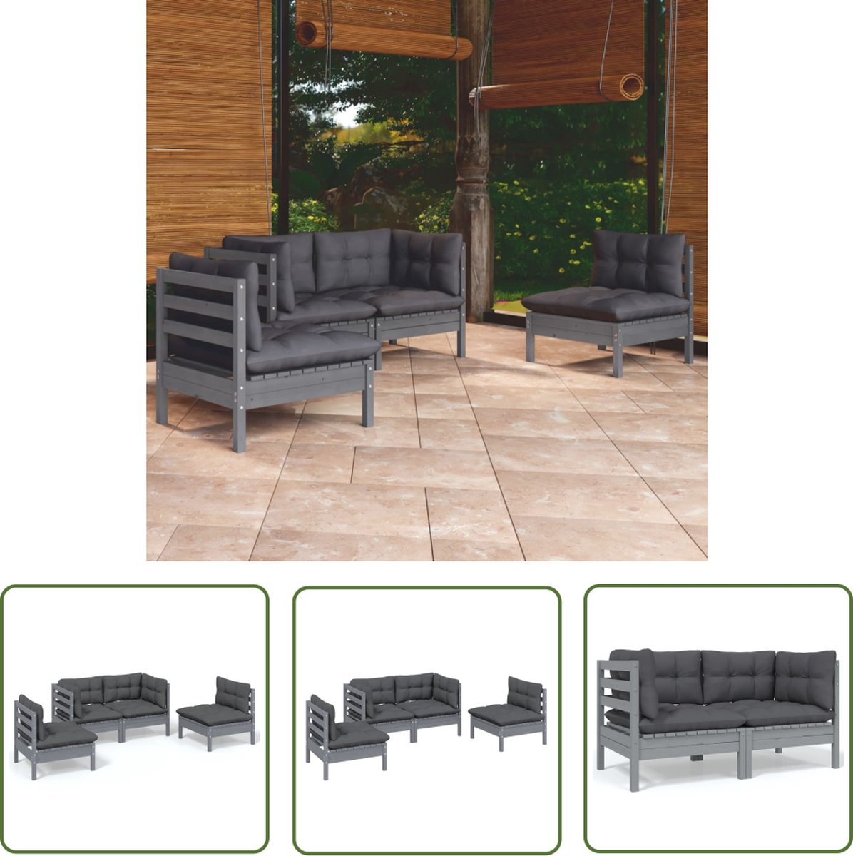 Massief grenenhouten loungeset met kussens voor buiten - The Living Store.