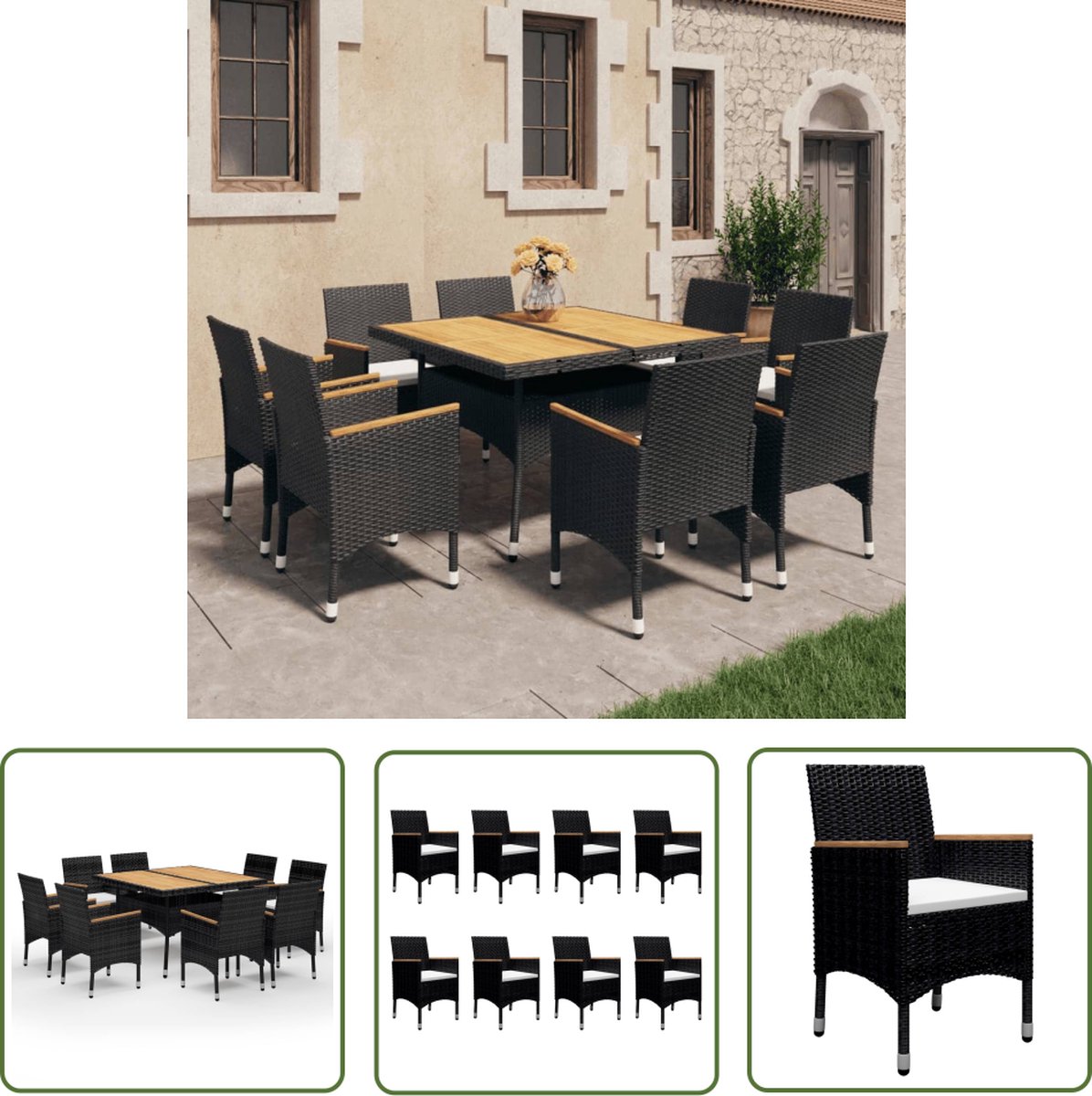 The Living Store 9-delige Tuinset poly rattan en massief hout zwart - Eetkamerstoel - Tuinset - Acacia Hout - Outdoor Furniture - Tuinbank