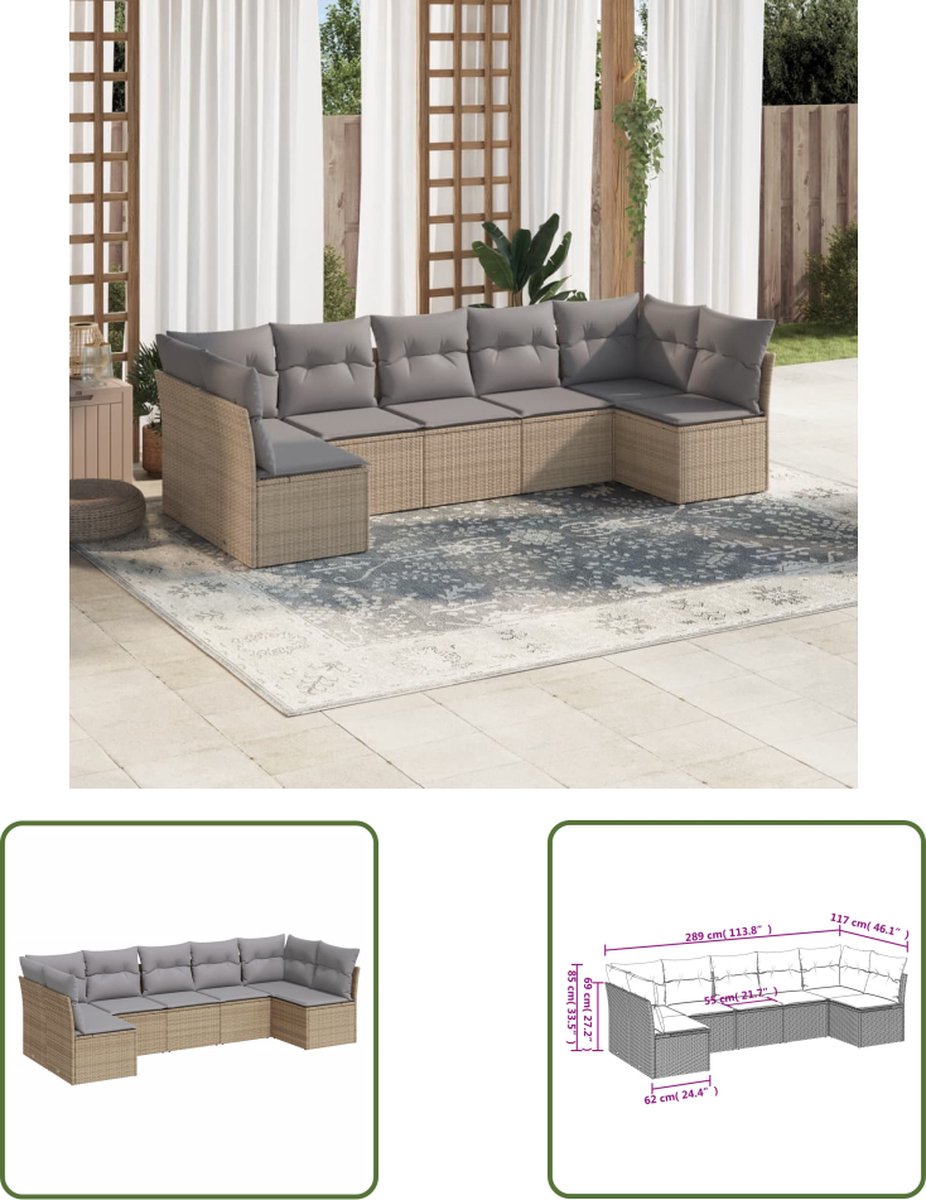 The Living Store 7-delige Loungeset met kussens poly rattan beige - Loungeset - Tuinset - Lounge - Outdoor Furniture - Garden Furniture