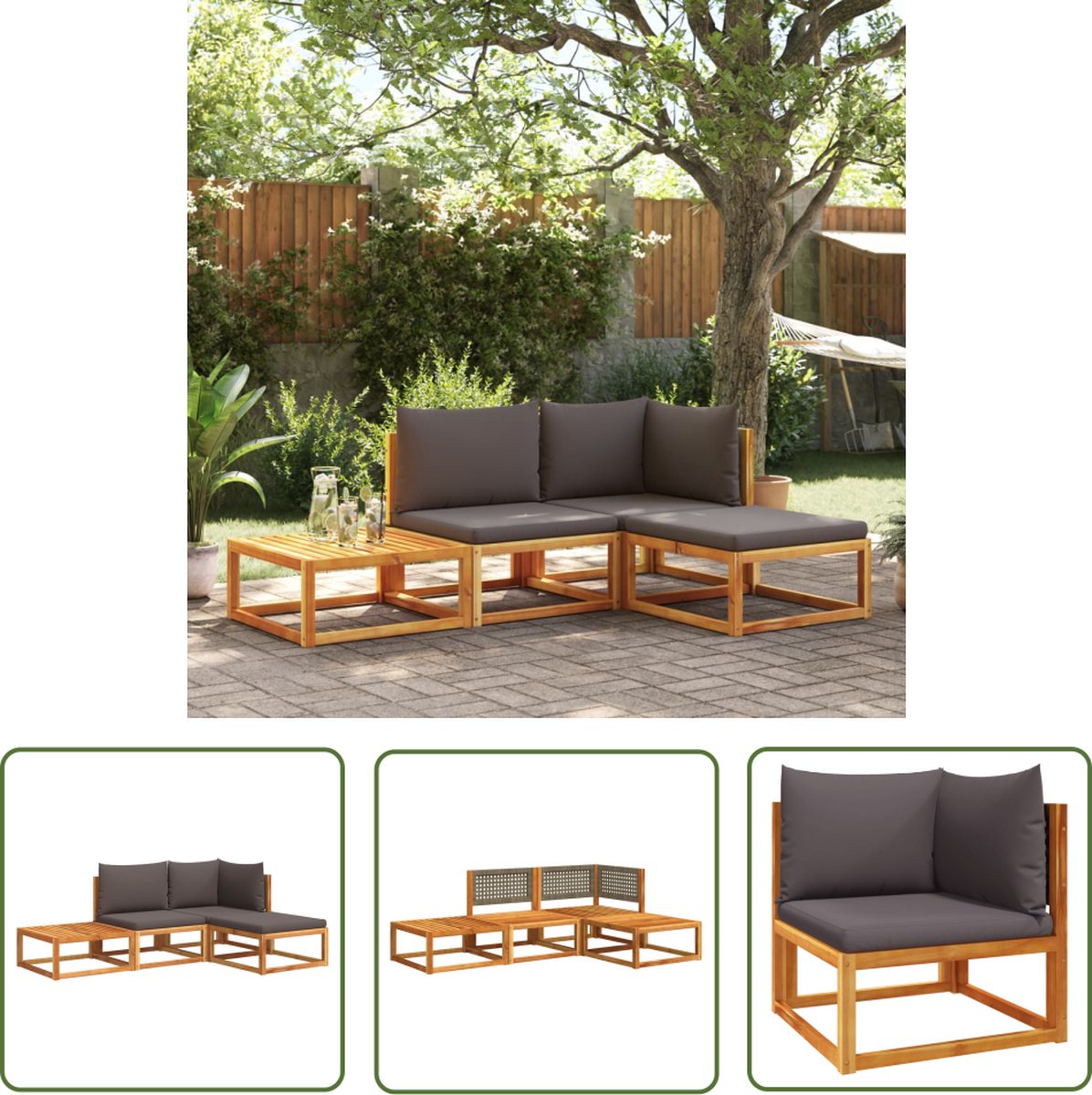 The Living Store 4-delige Loungeset met kussens massief acaciahout - Lounge Set - Tuinset - Acacia Hout - Outdoor Furniture - Modulair Design