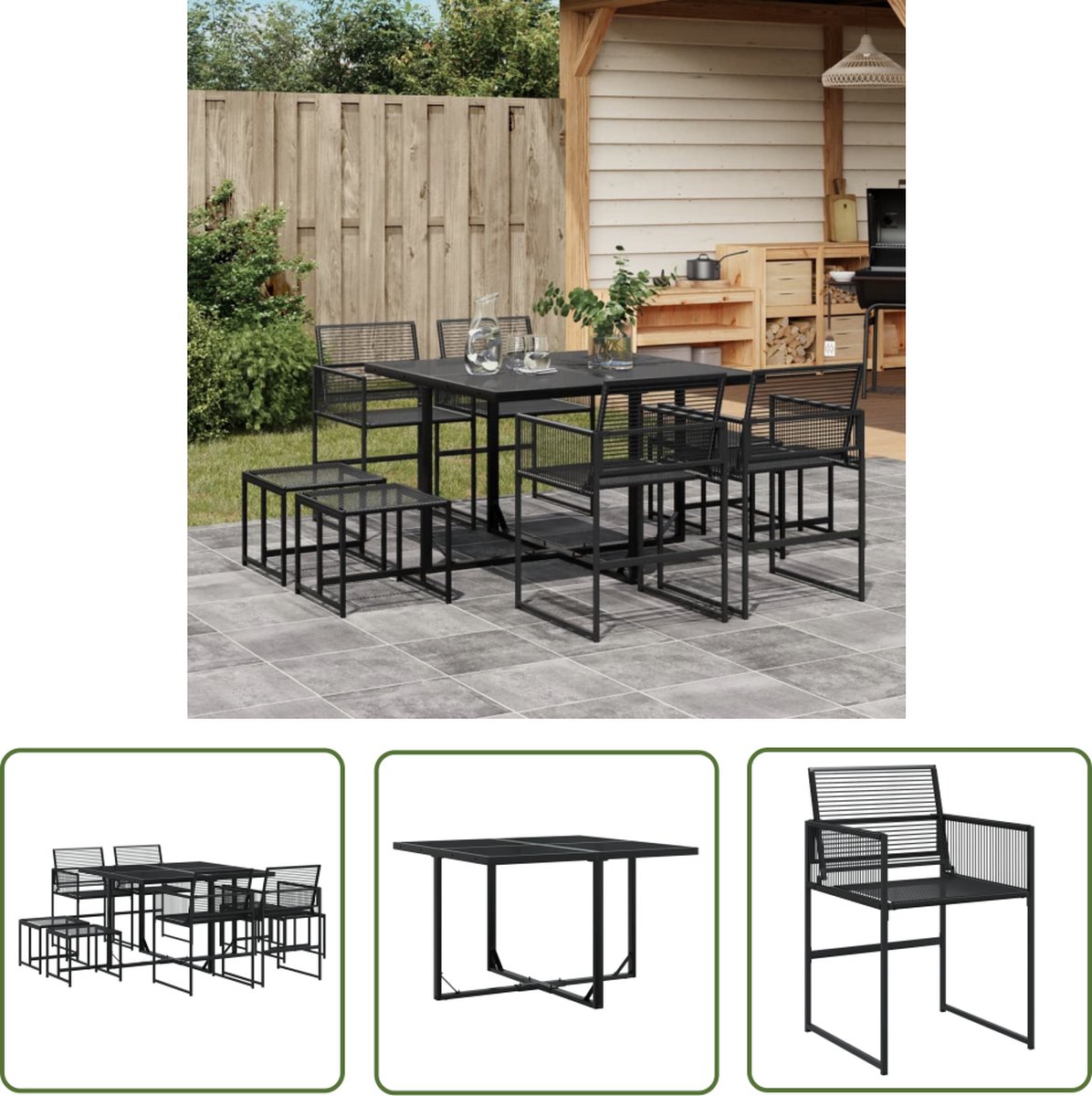 The Living Store 9-delige Tuinset poly rattan zwart - Tuinsets - Eetkamerset - Buitendecoratie - Lounge Set - Patio Furniture
