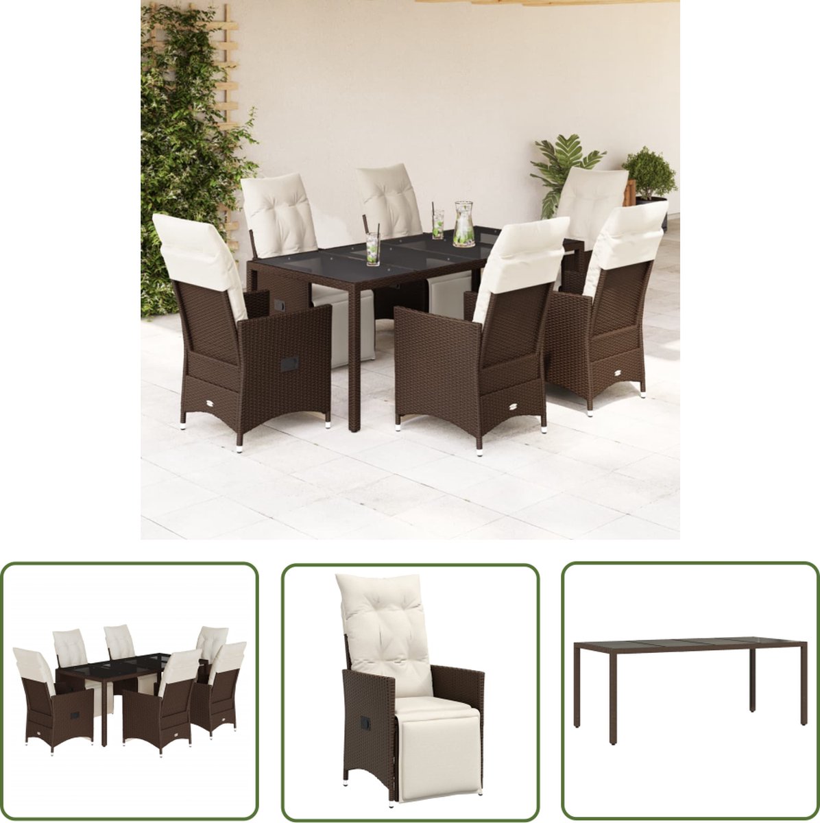 7-delige bruine poly rattan Bistroset met kussens voor buiten gebruik.