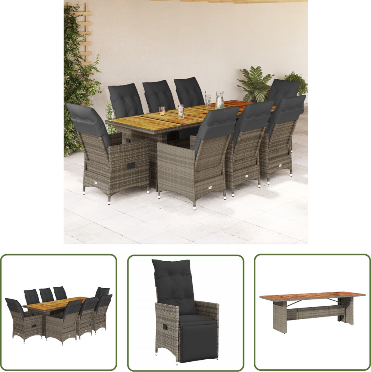 The Living Store 9-delige Bistroset met kussens poly rattan grijs - Tuinbank - Lounge Set - Buitendiner - Patio Furniture - Outdoor Seating