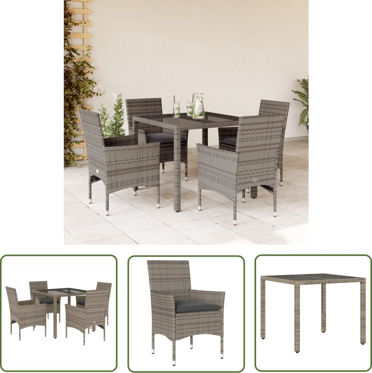 The Living Store 5-delige Tuinset met kussens poly rattan en glas grijs - Tuinset - Lounge Set - Buis Meubel - Outdoor Furniture - Patio Set