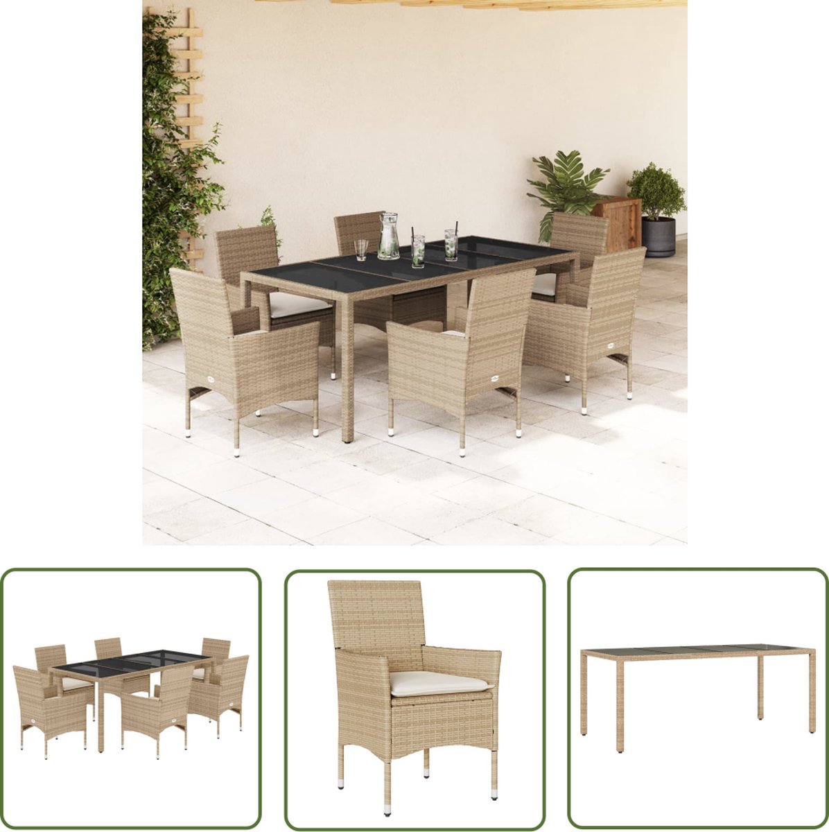 The Living Store 7-delige Tuinset met kussens poly rattan en glas beige - Tuinset - Lounge Set - Buis Meubel - Outdoor Furniture - Patio Set
