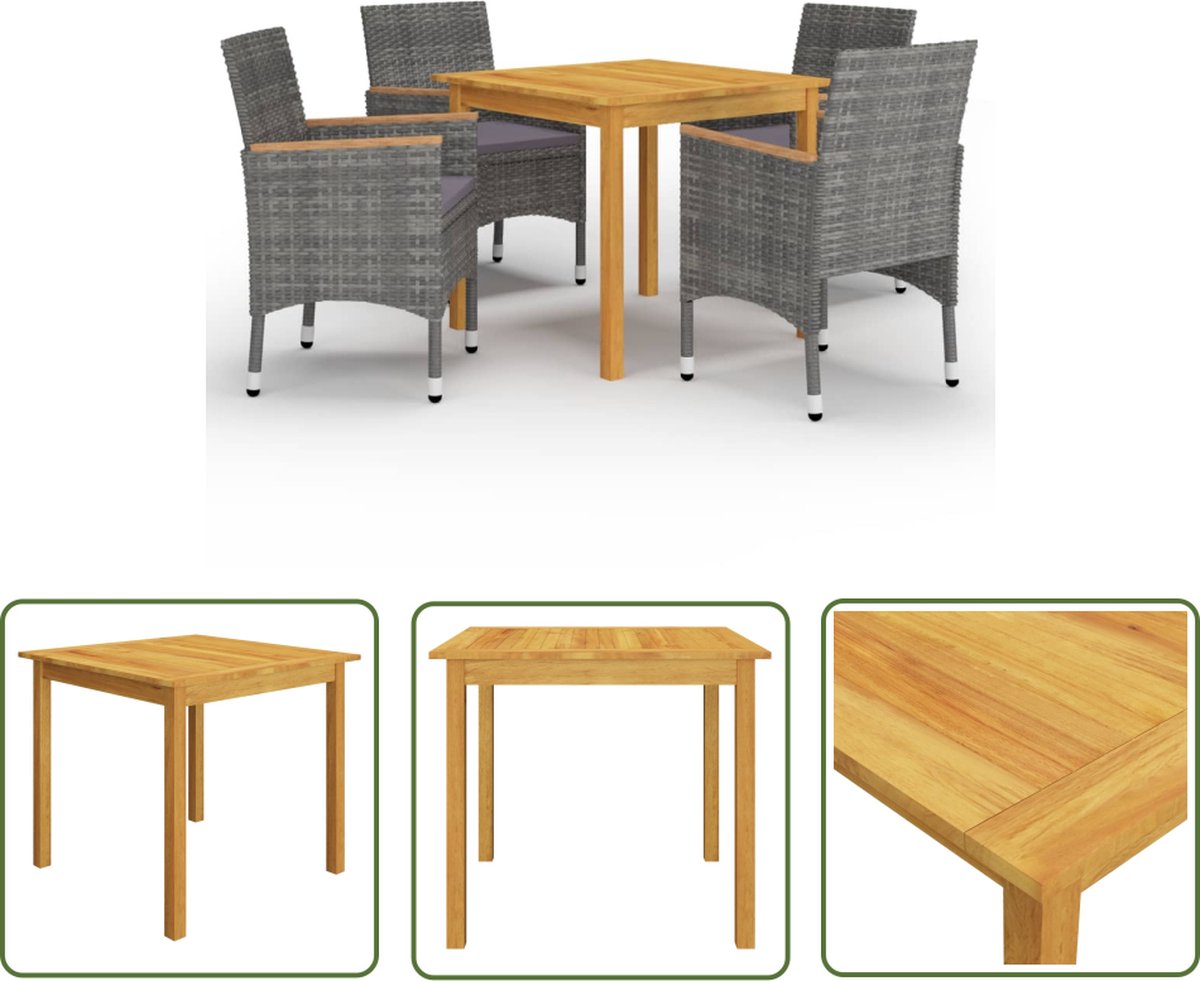 The Living Store 5-delige Tuinset grijs - Tuinstoel - Eetkamerset - Acacia Hout - Pe Rattan - Outdoor Meubels