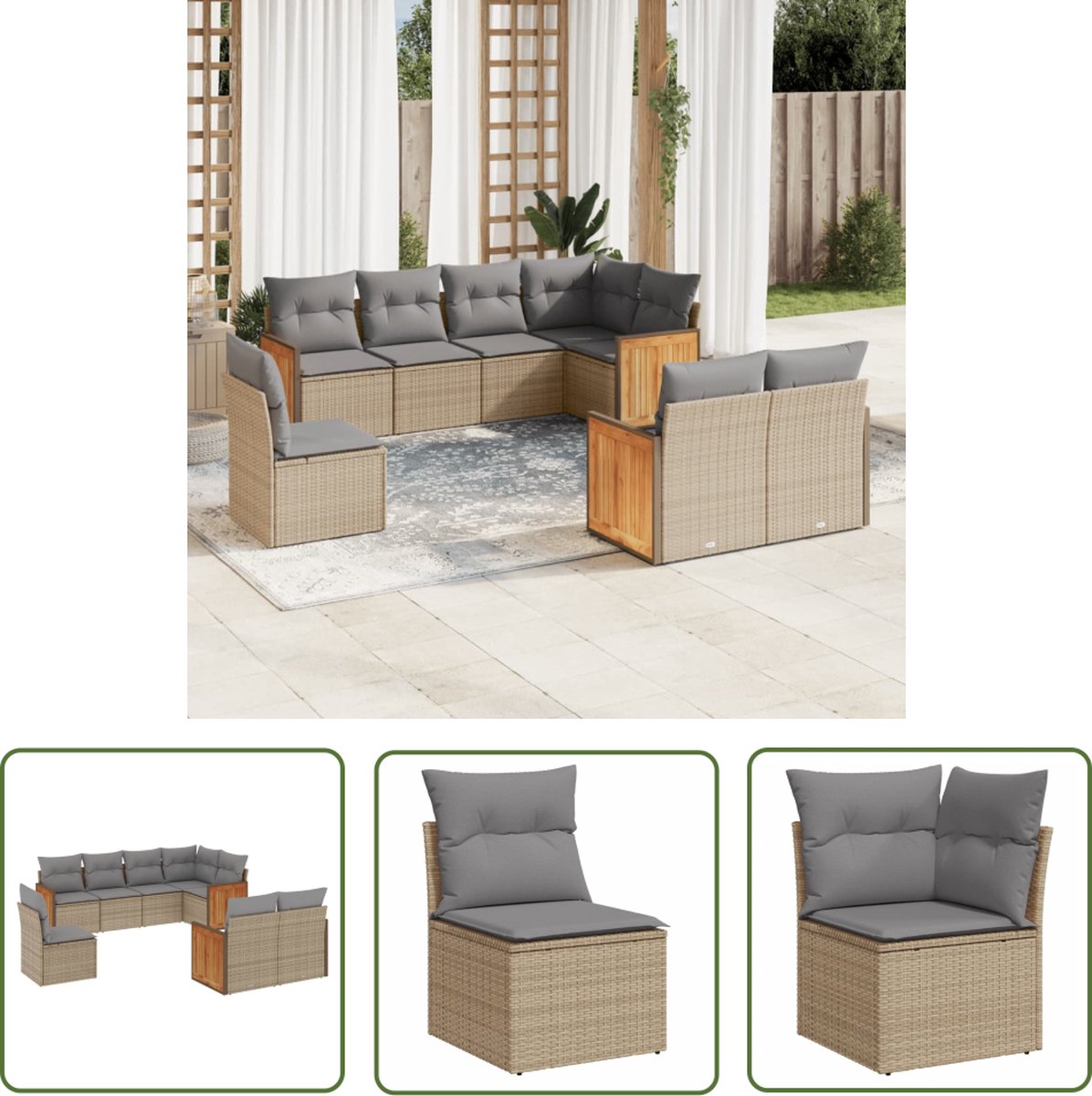 The Living Store 8-delige Loungeset met kussens poly rattan beige - Loungeset - Tuinset - Buitendecoratie - Loungehoek - Garden Furniture