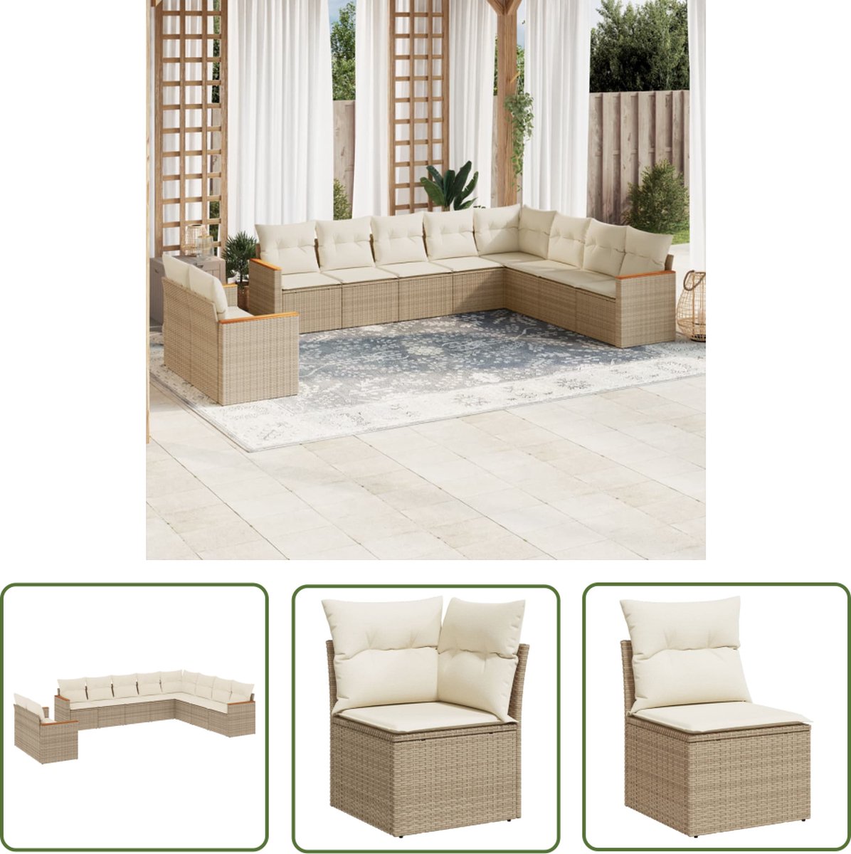 The Living Store 10-delige Loungeset met kussens poly rattan beige - Loungeset - Lounge Set - Tuinset - Buitendecoratie - Tuinmeubels