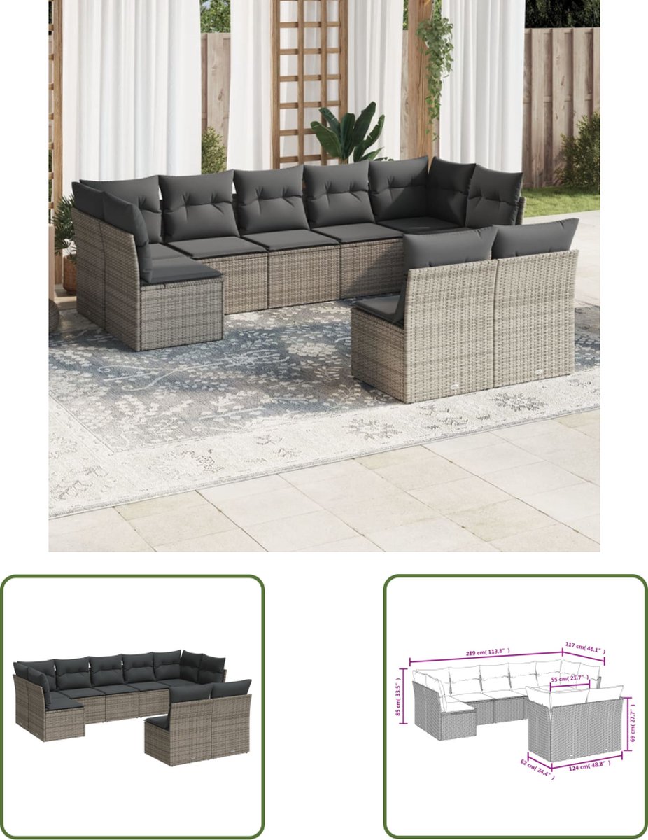 The Living Store 9-delige Loungeset met kussens poly rattan grijs - Tuin Lounge Set - Loungebank - Outdoor Furniture - Tuinset - Relaxfauteuil
