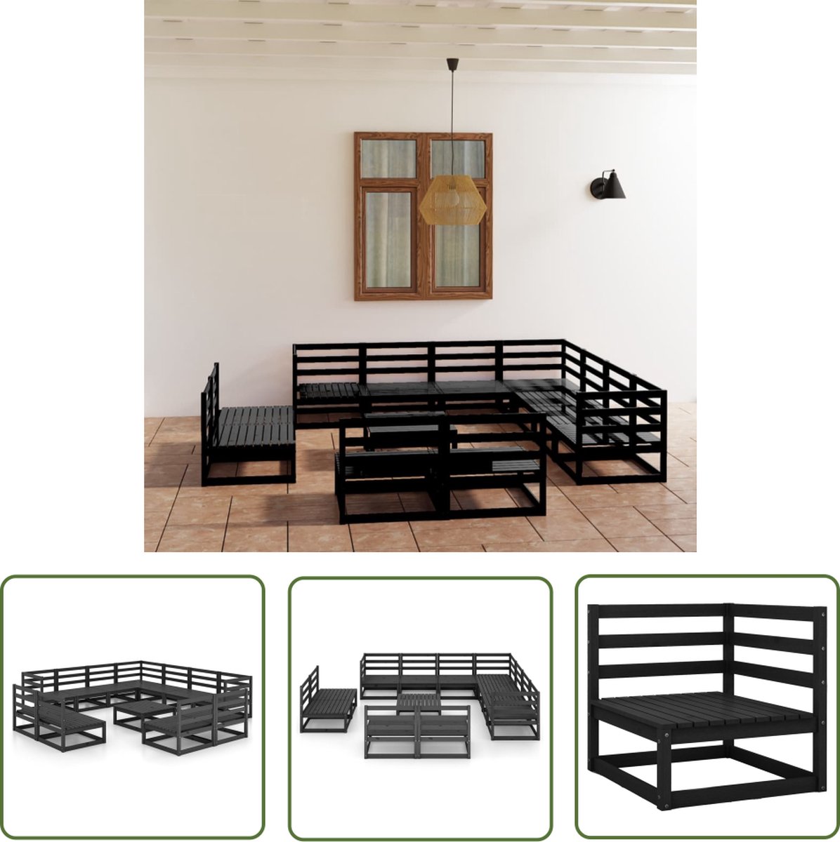 Zwarte massief grenenhouten loungeset voor buiten - Tuinmeubel - Houten bank