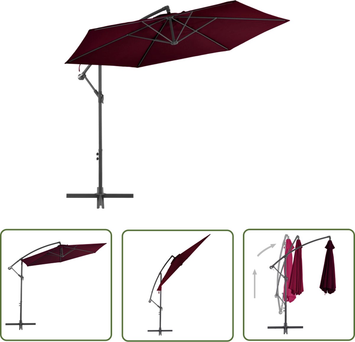Red hanging parasol with aluminum pole, measuring 300 cm. Perfect for garden or balcony decoration.