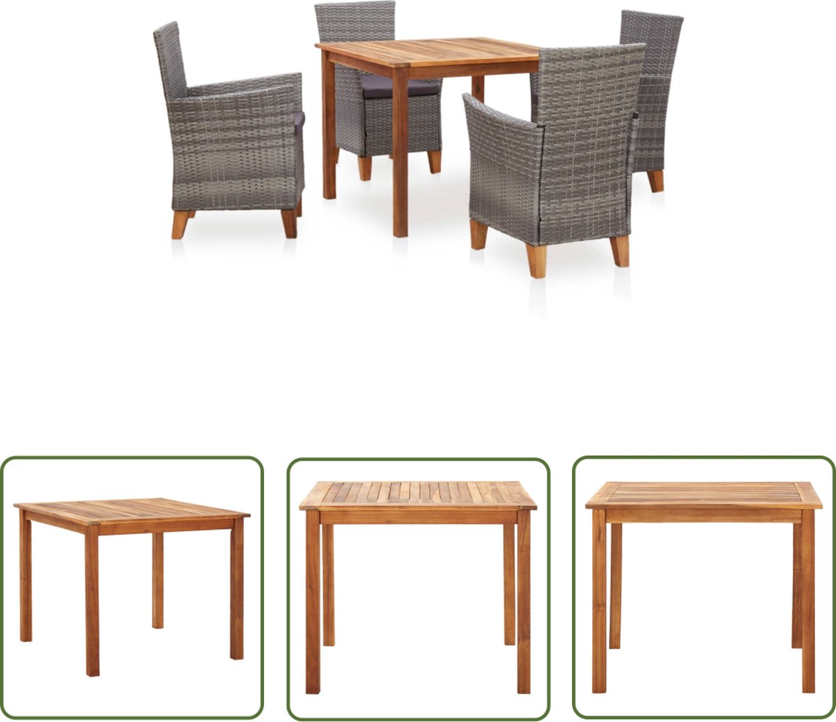 The Living Store 5-delige Eethoek poly rattan en massief acaciahout grijs - Tuinstoel - Eetkamerset - Buitentafel - Lounge Set - Acacia Hout