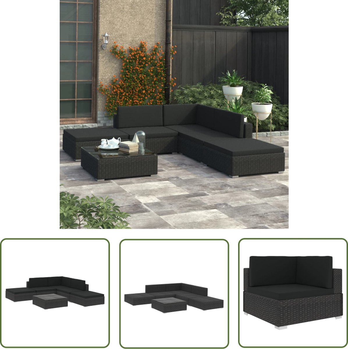 Poly rattan loungeset in zwart met kussens voor tuinmeubelen - The Living Store.