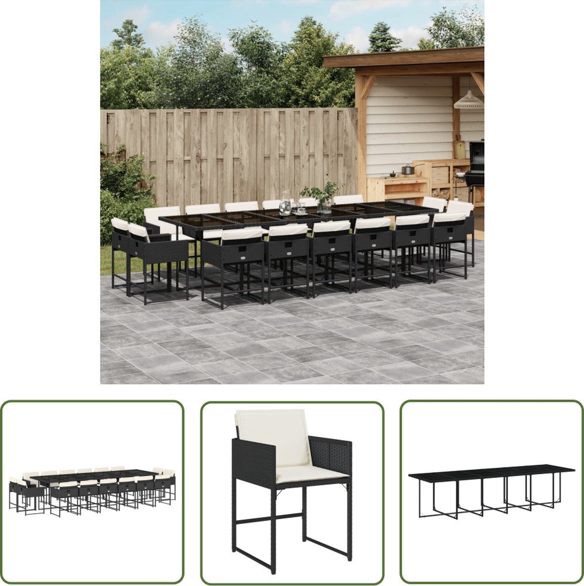 The Living Store 17-delige Tuinset met kussens poly rattan zwart - Tuinset - Buis Meubel - Eetkamerset - Outdoor Furniture - Lounge Set