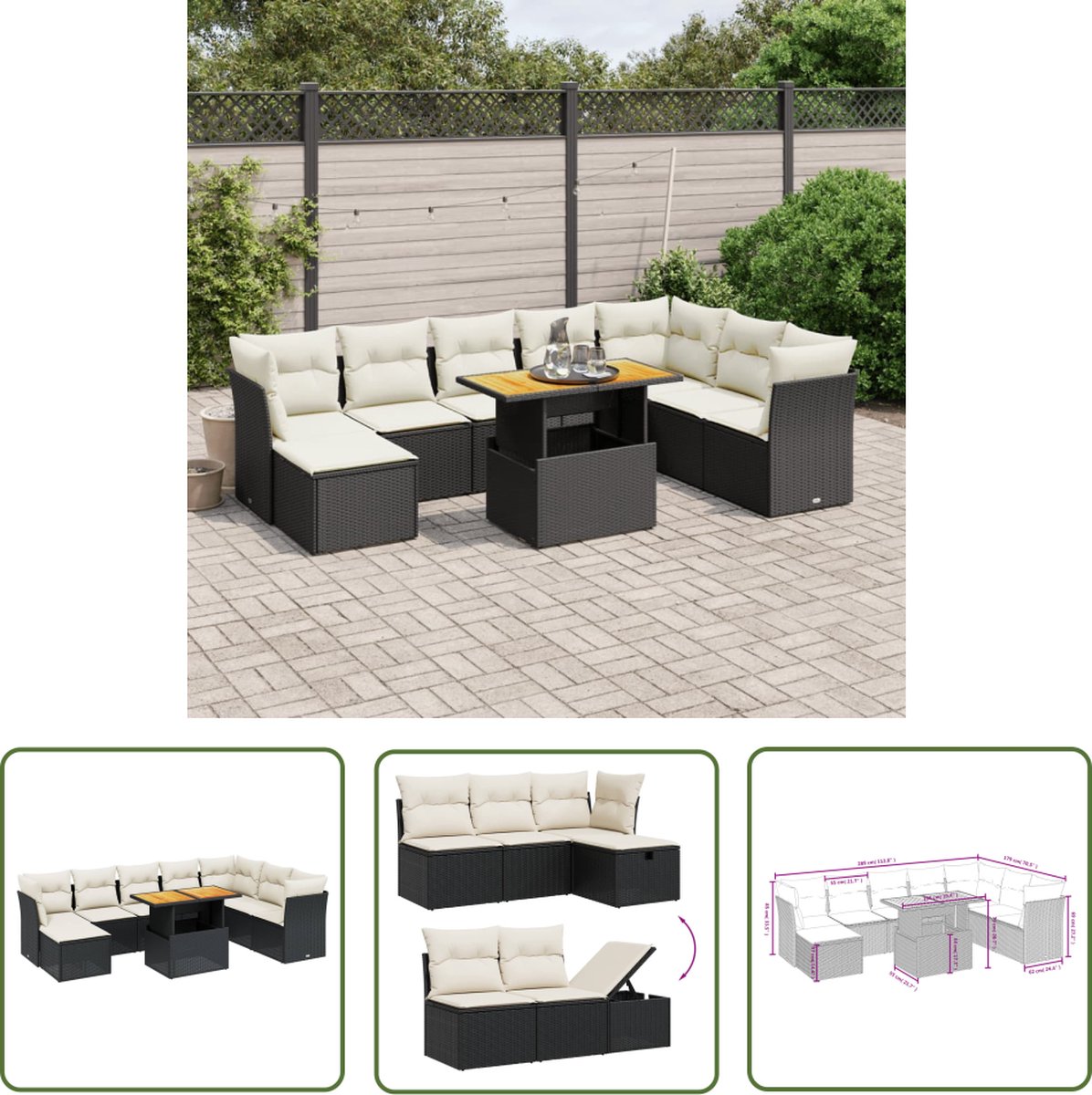 The Living Store 9-delige Loungeset met kussens poly rattan zwart - Loungeset - Loungemeubels - Buitendecoratie - Tuinmeubelen - Pe Rattan