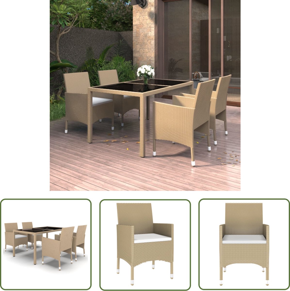 The Living Store 5-delige Tuinset poly rattan en gehard glas beige - Tuinstoel - Tuintafel - Lounge Set - Buitendecor - Poly Rattan