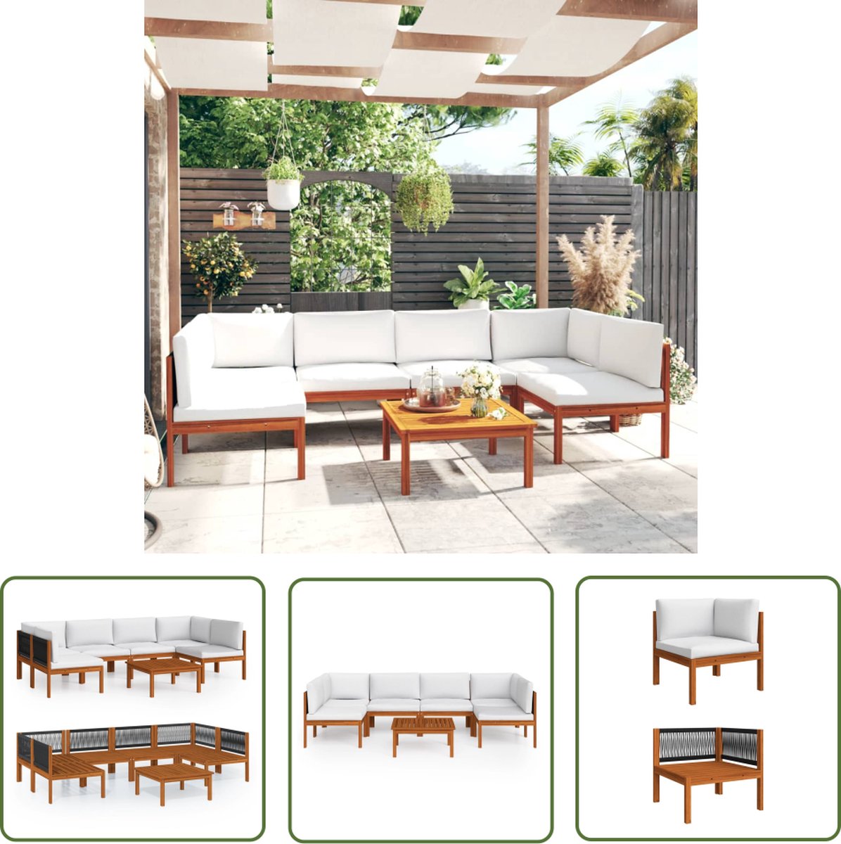 The Living Store 7-delige Loungeset met kussens massief acaciahout crèmekleurig - Loungeset - Tuinset - Acacia Hout - Loungestoel - Buitendecor