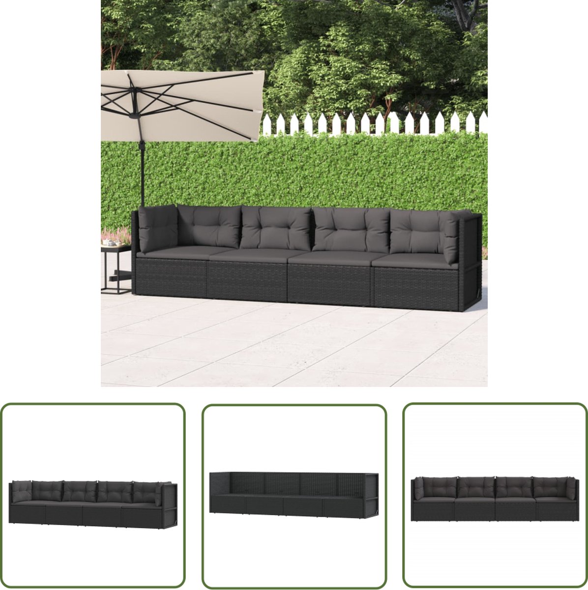 Zwarte poly rattan loungeset met kussens voor buiten - The Living Store.
