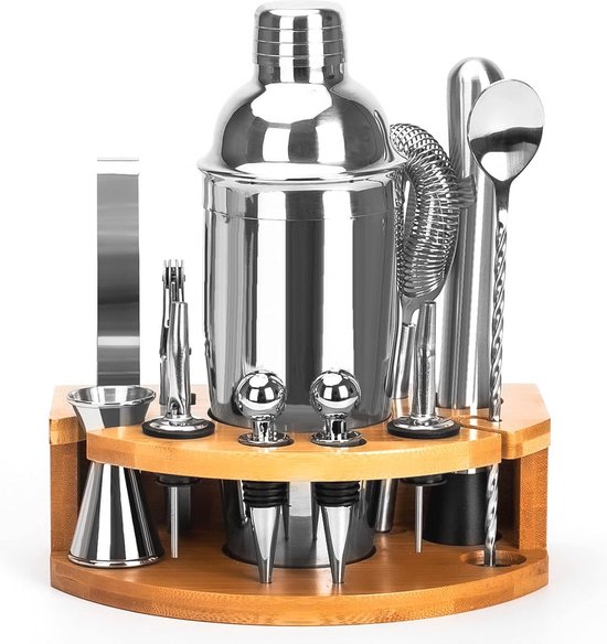 BARMINGO® Roestvrijstalen cocktailset, 11-delig, 700 ml, cocktailshakerset met standaard en baraccessoires, cocktailshaker set, barkeeperset, cocktailmixset, barset, cadeauset, zwart en zilver