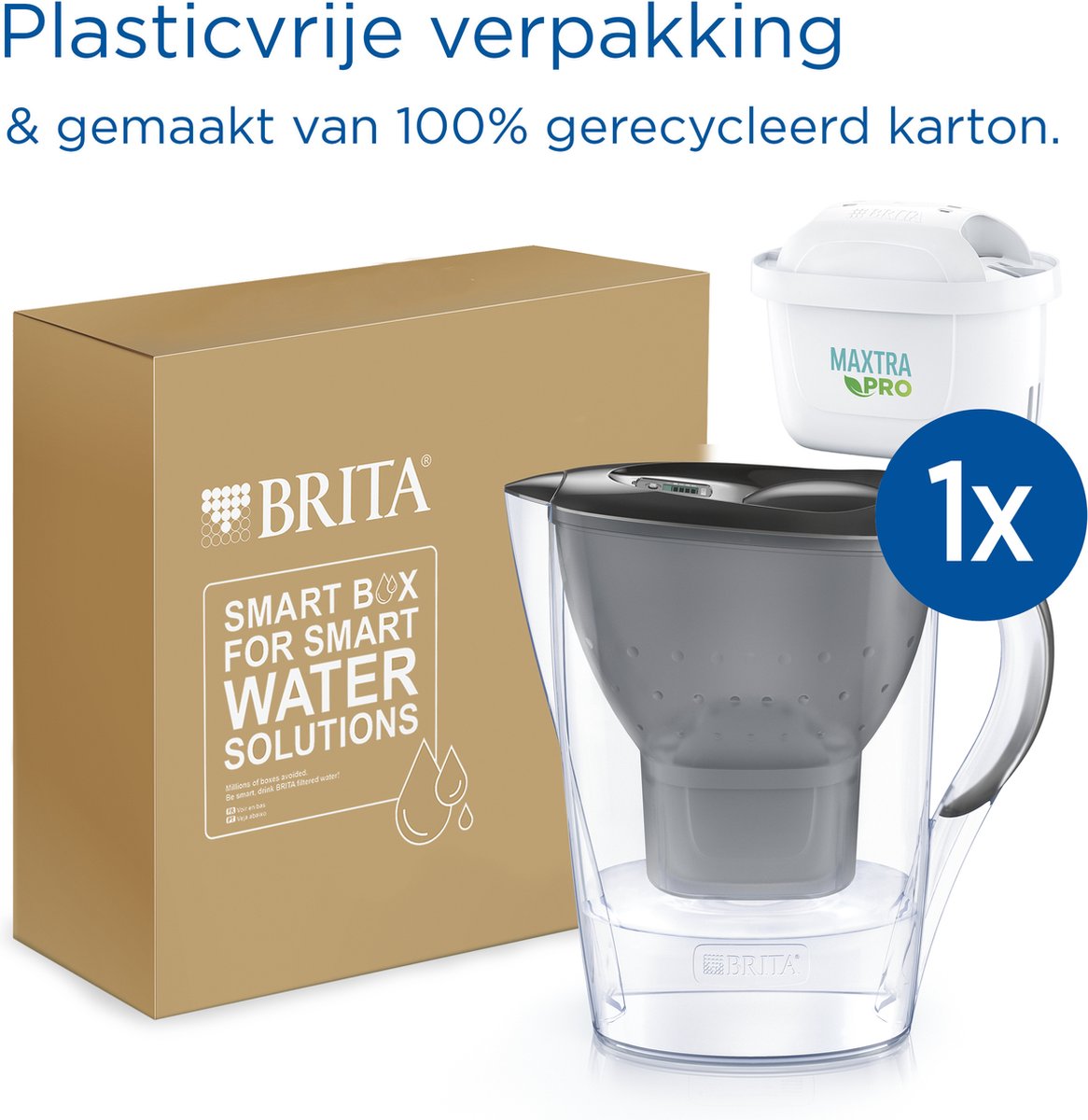 BRITA Marella Cool Waterfilterkan met 1 stuk MAXTRA PRO ALL-IN-1 Filterpatroon - 2,4L - Grijs - (SIOC) Duurzaam verpakt voor minder afval | Optimaal Hydrateren met Brita Maxtra Filter voor Brita Waterfilterkan