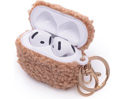 Casemania Hoesje Geschikt voor Apple AirPods 4 - Bruin - Schokbestendig Teddy Furr Cover met Ring & Sleutelhanger