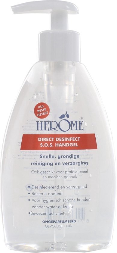 Doorzichtige fles handgel met witte pompdispenser en rood/wit etiket, tegen een witte achtergrond.