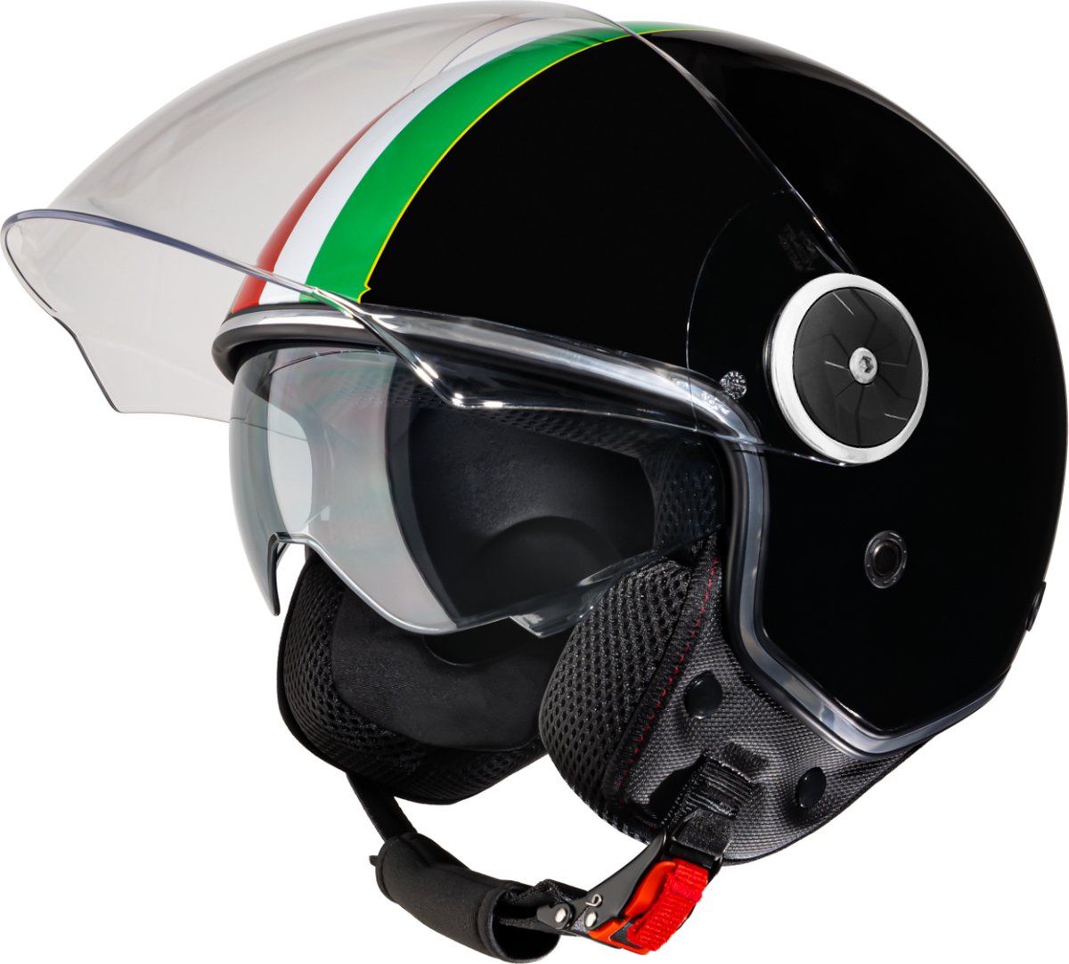 VINZ Neiva Jethelm met Zonnevizier | Scooterhelm Retro & Motorhelm Retro & Brommerhelm & Snorfietshelm | Italiaanse Vlag | ECE 22.06 goedgekeurd | Lichtgewicht 1200 gram | Voor Heren & Dames | Inclusief Opbergzak | Zwart - M