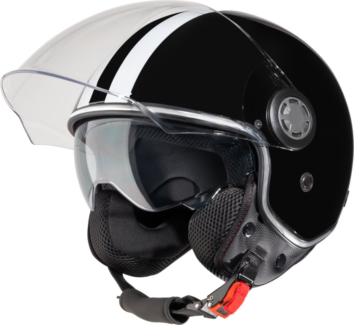VINZ Parchi Scooterhelm met zonnevizier / Jethelm met streep / Brommer Helm / Motorhelm / Helm Scooter Retro / Snorfiets helm / Snorscooter helm - Geschikt Voor Helmplicht Blauw Kenteken - Zwart - XL