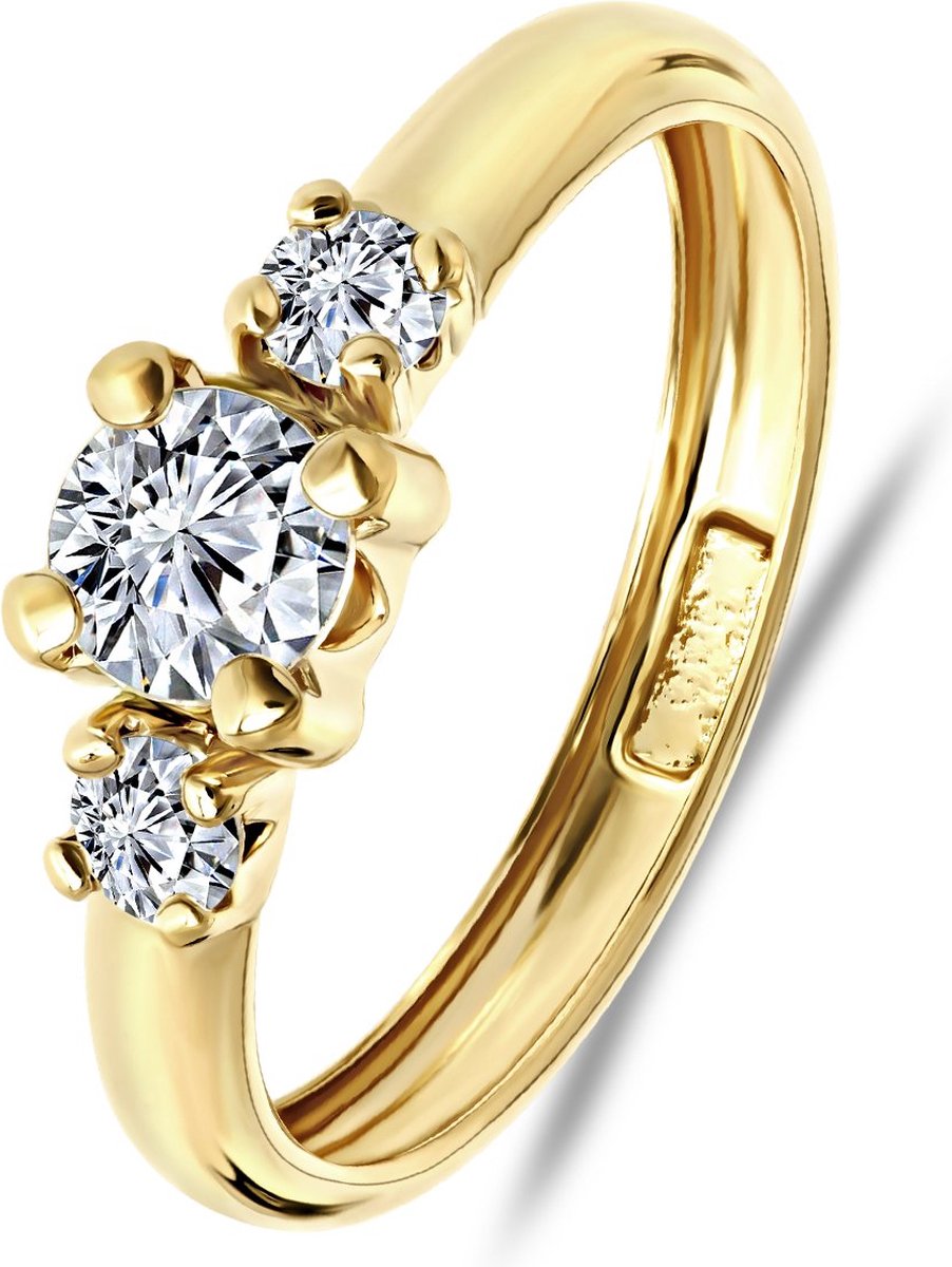 Lucardi Dames Ring met 3 zirkonia stenen - Ring - Cadeau - 14 Karaat Goud - Geelgoud