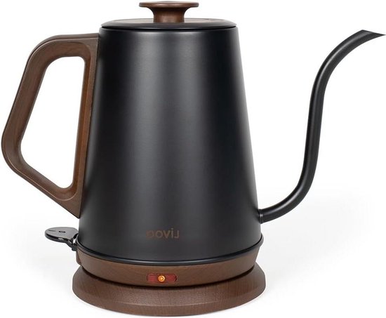 Roestvrijstalen waterkoker met thermostaat, 1 liter theekoker, zwanenhals, 1000 watt, 90° rechthoekige schenktuit, roestvrij staal 304, droogkookbeveiliging, zwart