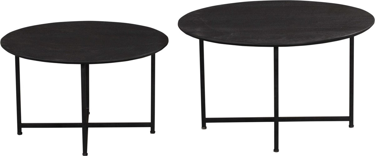 Luxe Salontafelset Rond set van 2 Mangohout Zwart - Bijzettafels Set van 2 - Salontafel Zwart Rond - Bijzettafeltjes Woonkamer - Salon Tafel Mangohout Rond - Salontafel industrieel Landelijk - Tafeltje Set 2 stuks Zwart - 70cm