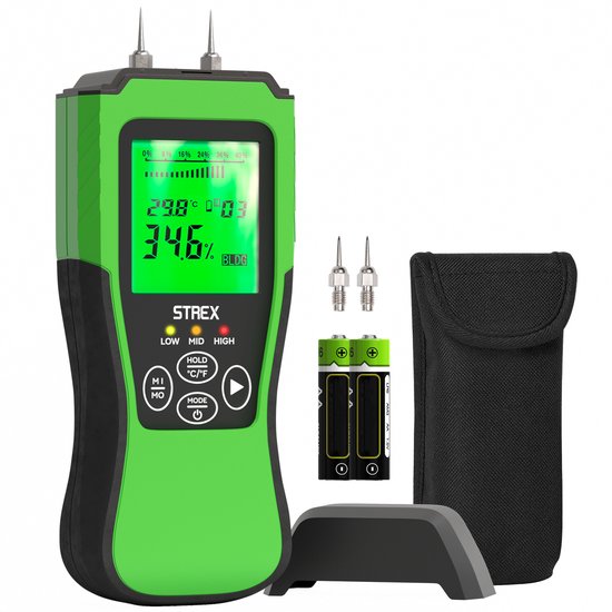 Foto: Strex vochtmeter digitaal voor hout bouwmaterialen o a steen gips beton lcd display vochtigheidsmeter vochtmeter muren incl batterijen opberghoes