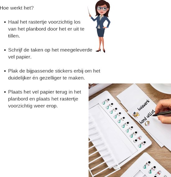 Illustratie van een vrouw die uitleg geeft over het gebruik van het planbord. Met afbeeldingen van het planbord en notitievel.