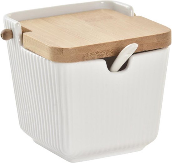 Items luxe Suikerpot Porselein/bamboe hout - wit - 9 x 10 cm - dispenser met lepel - Sierlijke uitvoering