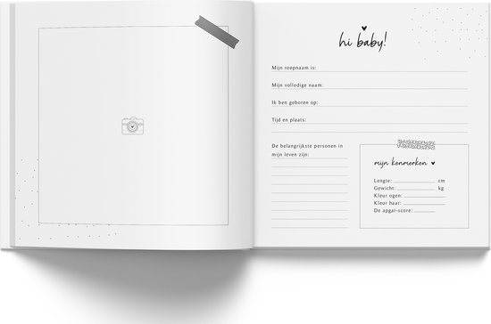 Pagina van een babyboek met de titel 'hi baby!', met ruimte voor de roepnaam, volledige naam, geboorte tijd en plaats, belangrijkste personen en fysieke kenmerken van de baby.