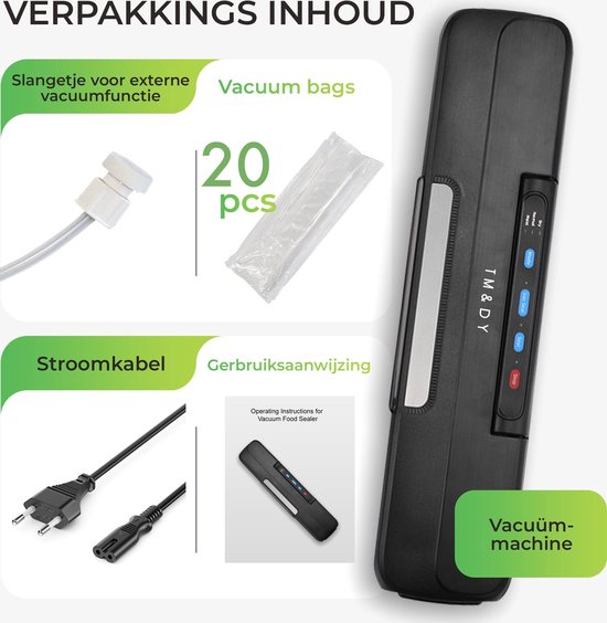 TM&DY Vacuümmachine - Vacumeermachine - Droog & Nat Voedsel - Foodsaver - Seal Apparaat - Vacuüm Sealer - incl. 20st Vacuumzakken