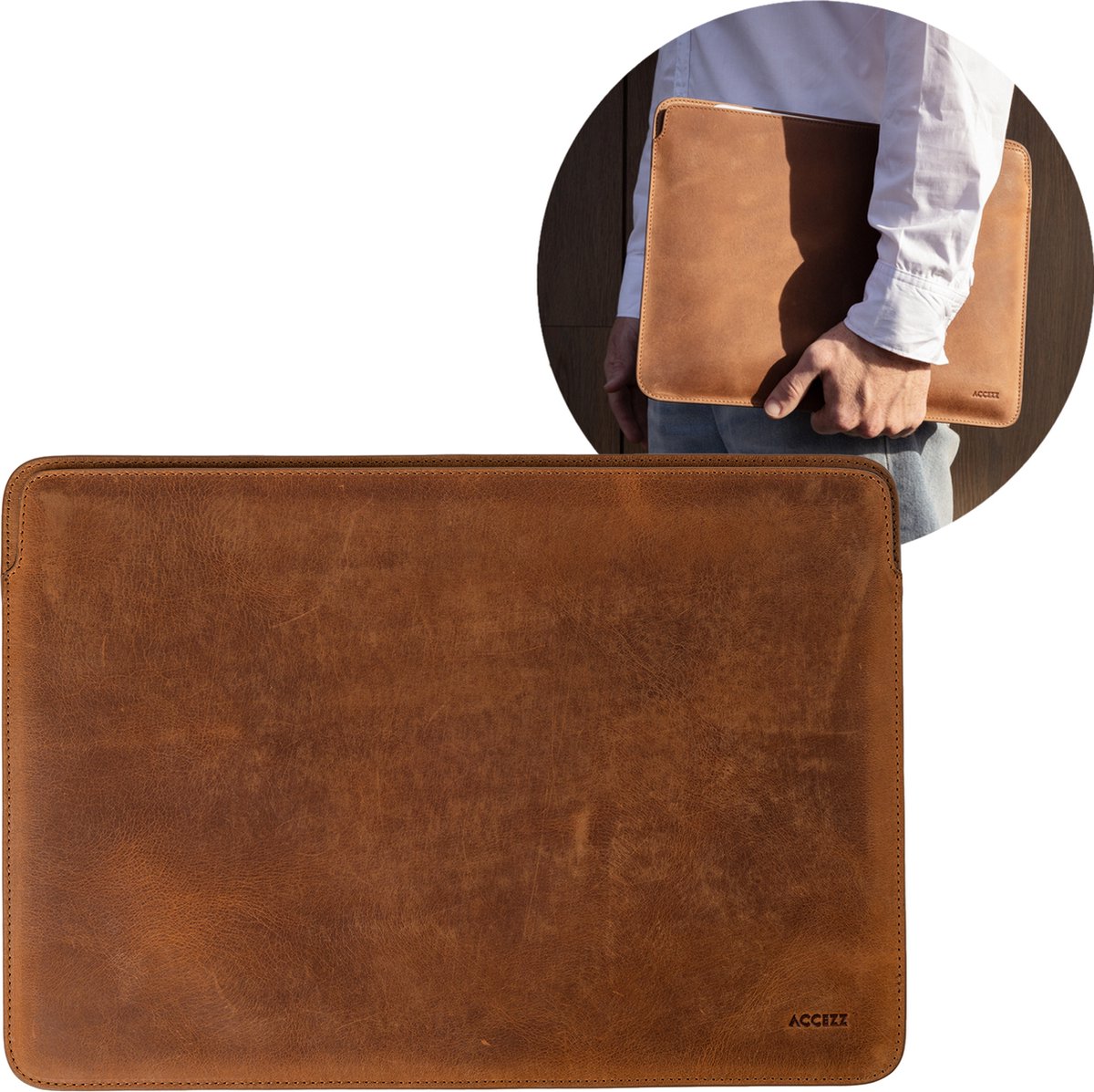Accezz Laptop Sleeve - Laptophoes geschikt voor 15.3 inch / 15 inch / 15.6 inch - Accezz MacBook Leather Sleeve - Bruin
