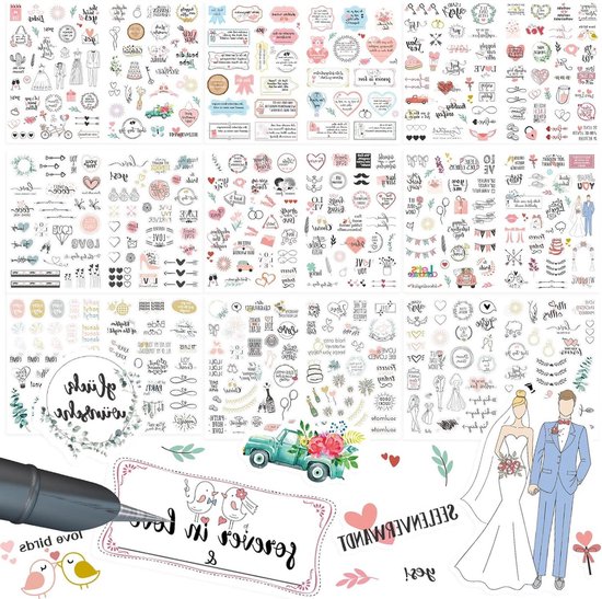 9 Vellen Stickers Bruiloft Gastenboek, 432 Motieven Bruiloftsstickers