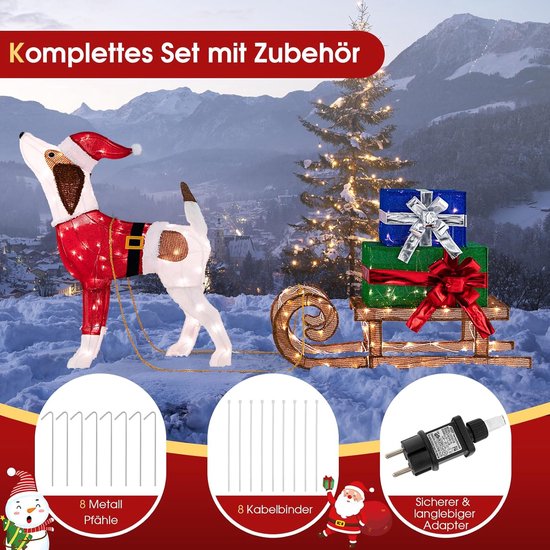 COSTWAY LED Hond met Slee en Cadeaudozen – Kerstdecoratie Binnen en Buiten met 170 Warmwitte LED Lampen – Weerbestendig Metalen Frame en Stoffen Bekleding – Inclusief Grondpennen en Adapter