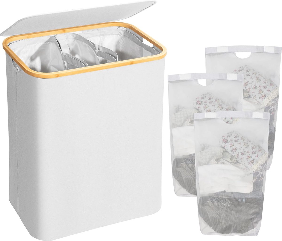 Goedkoopste Lichtgrijze Wasmand met Deksel en 3 Vakken - Vouwbare 160 Liter Opbergoplossing