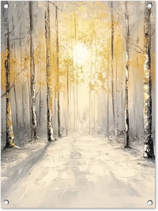 Tuinposter 60x80 cm - Tuindecoratie Winter - Abstract - Sneeuw - Natuur - Zon - Poster voor in de tuin - Buiten decoratie - Schutting tuinschilderij - Tuindoek muurdecoratie - Wanddecoratie balkondoek