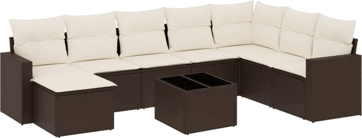 vidaXL 9-delige - Loungeset - met - kussens - poly - rattan - bruin