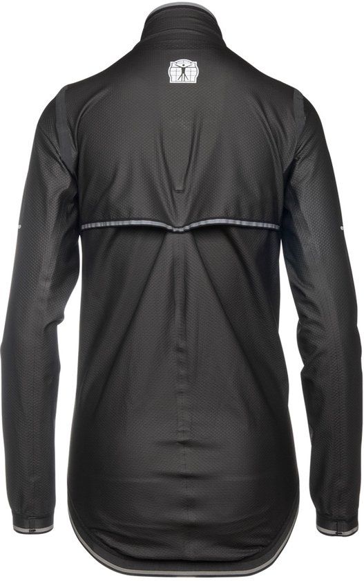Zwarte fietsjas van achteren gezien met reflecterende streep en BIORACER logo.