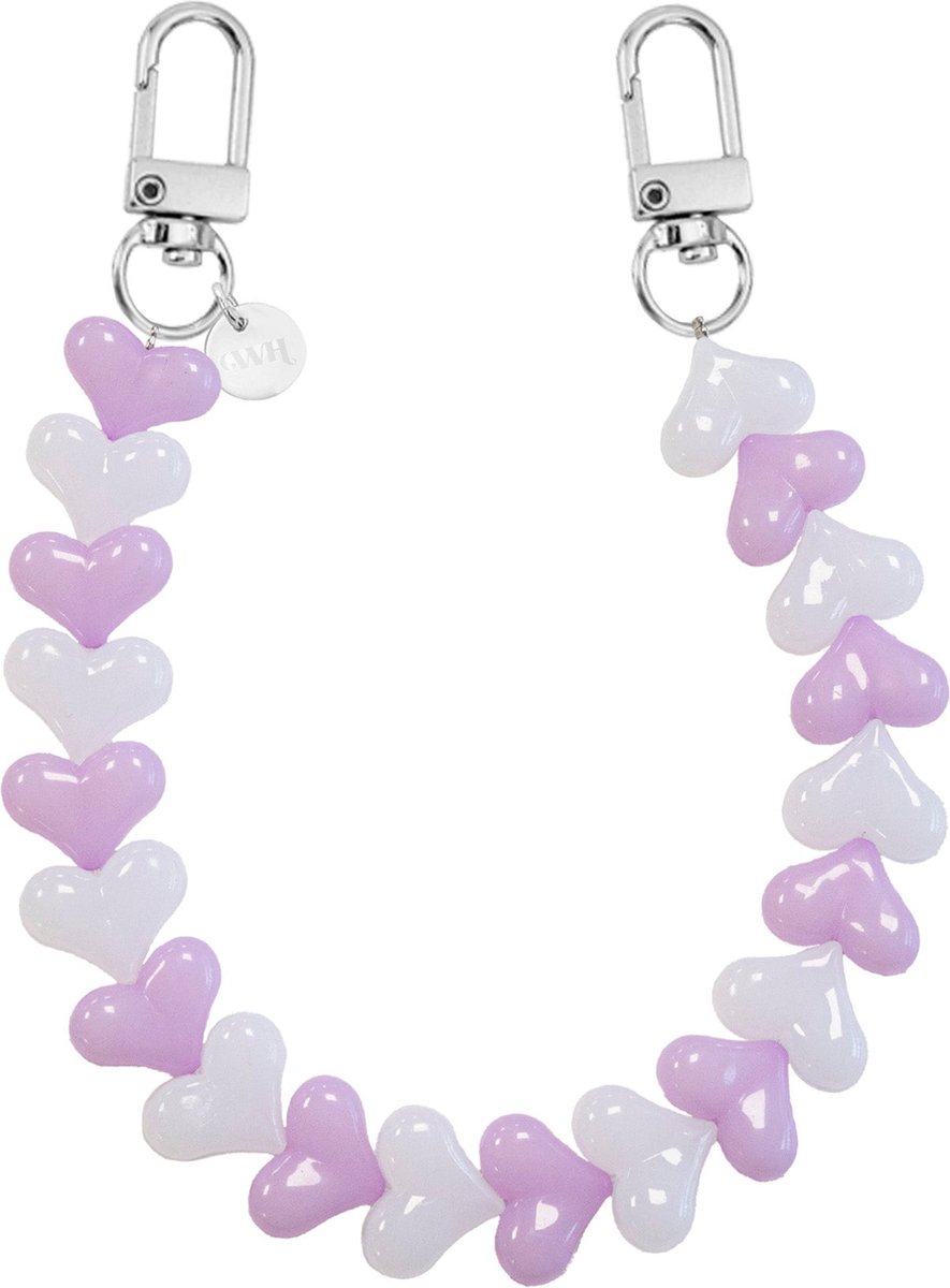 xoxo Wildhearts telefoonkoord - Funky Hearts Charm Cord (pink and white) - Geschikt voor iPhone - Geschikt voor Samsung - Universeel Phone Cord - Telefoonketting - Bedeltje voor telefoon - Telefoonhanger - Ketting met hartjes - roze / wit