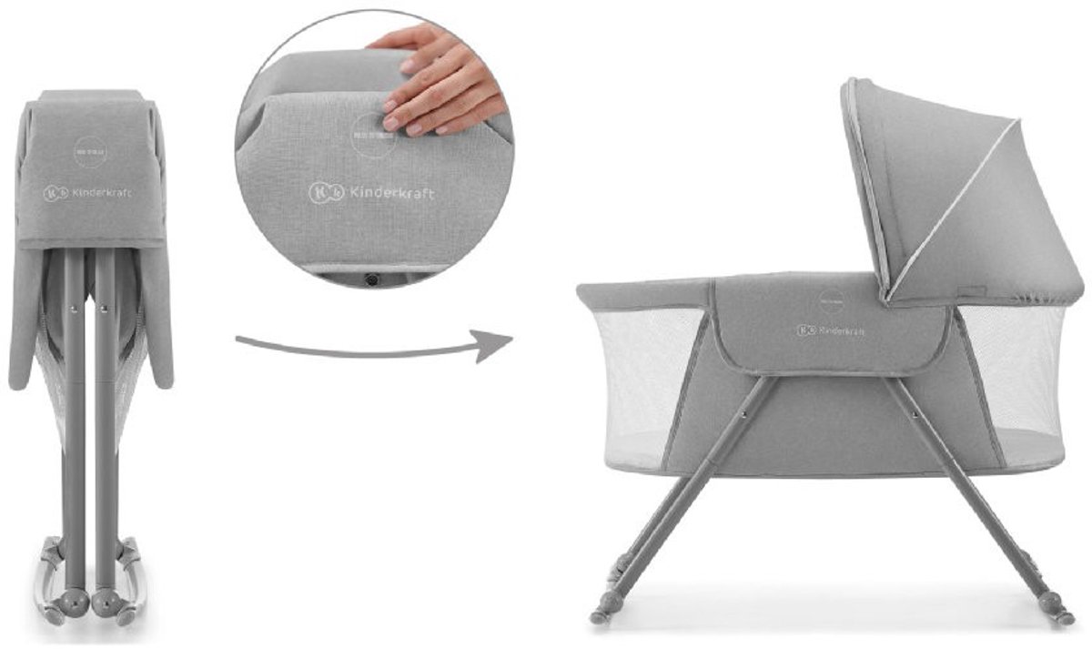 Kinderkraft CAMI 3-in-1 reisbed, babybed met matras, vanaf de geboorte, boxfunctie, gemakkelijk op te vouwen, inclusief reistas, 2 matrasniveaus, grijs