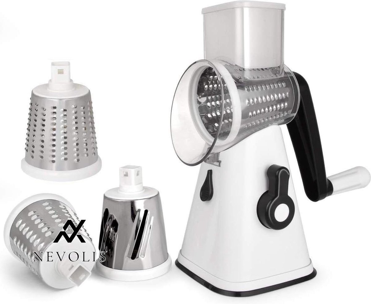 Nevolis Manual Rotary Potato Grater Kitchen Mandolin Vegetable Cutter Easy to Use 3 Interchangeable Blades White Large Capacity .