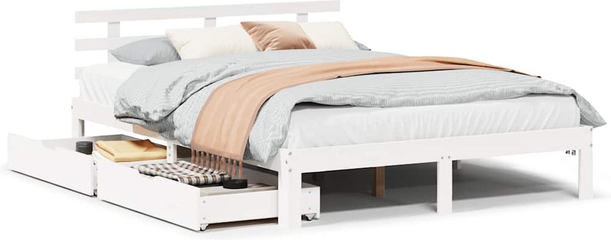 vidaXL - Bedframe - met - lades - massief - grenenhout - wit - 120x190 - cm