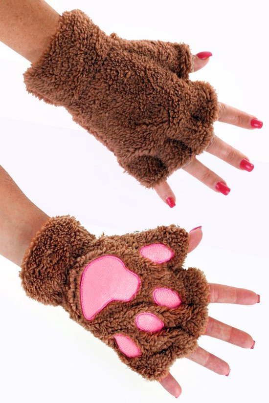 KIMU Gants sans doigts en forme de patte d'animal en peluche marron – Pattes d'ours sans doigts – Pattes de chat, pattes de chien, pattes d'ours, pattes d'animaux en polaire, cadeau de Noël