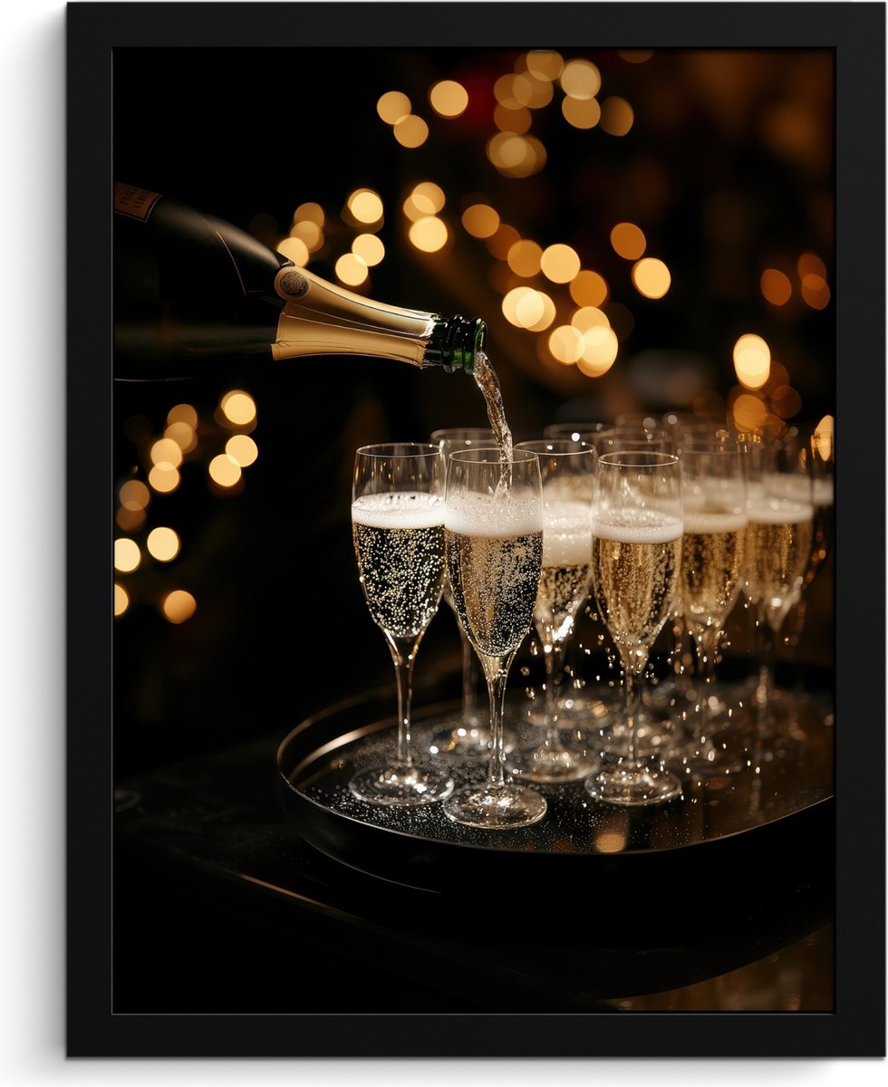 FrameYourWall Fotolijst inclusief poster - Posterlijst 30x40 cm - Posters - Lichtjes - Champagne - Dienblad - Glazen - Foto in lijst - Keuken decoratie muur - Wanddecoratie accessoires - Muurdecoratie - Schilderijen Champagne - Glazen